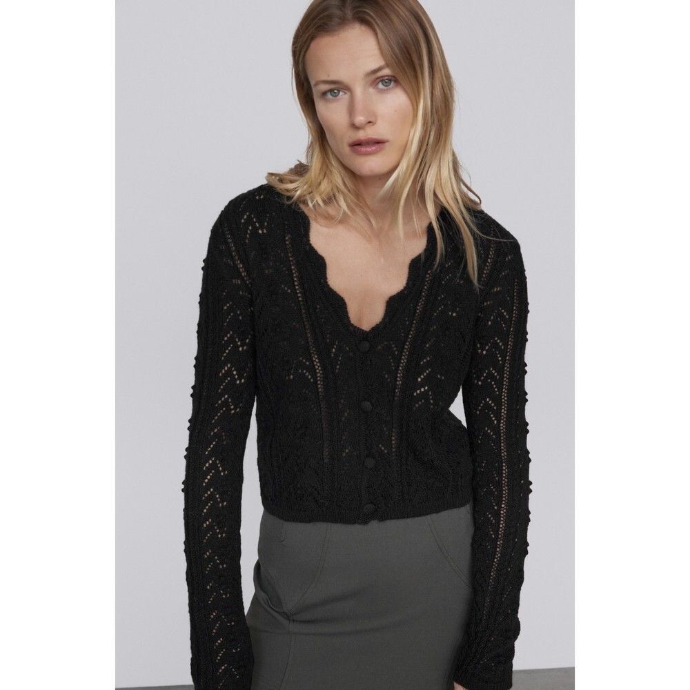Black Zara Pointelle Open-Knit Button Down V-Neck Cardigan Sweater (NWT)